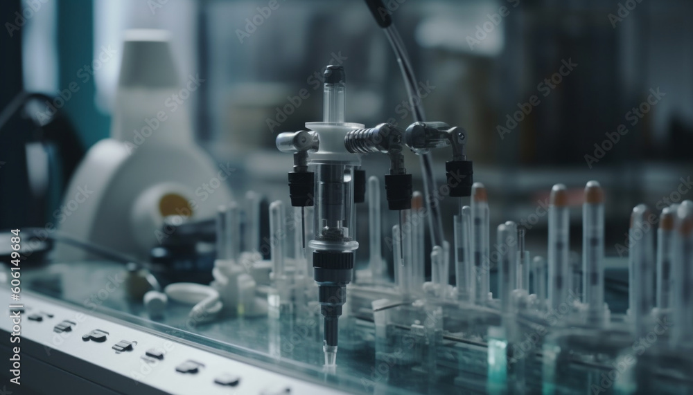 Poster automated machinery analyzing liquid in scientific experiment generated by ai