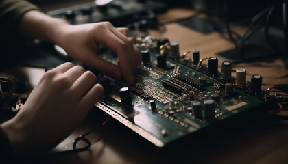 Fototapeta na wymiar Hand soldering a CPU on motherboard indoors generated by AI