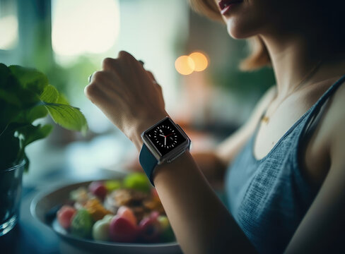 Woman Hand Wearing Modern Smartwatch. Generative AI