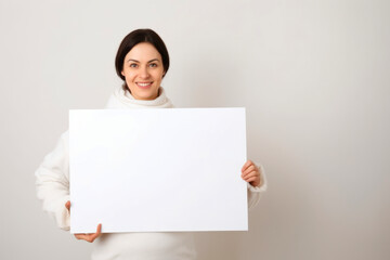 Portrait of a beautiful young woman in a white sweater holding a blank sheet of paper