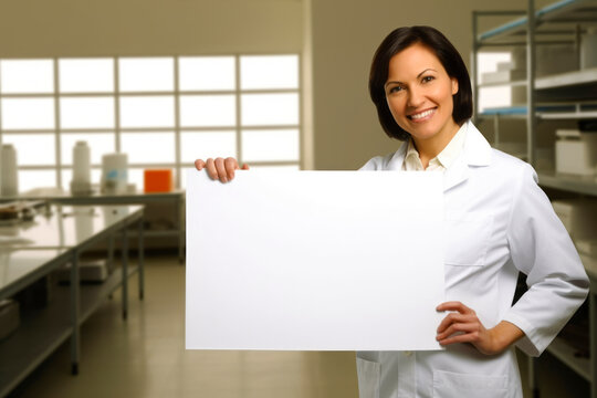 Portrait of a smiling female doctor holding a blank white sheet of paper