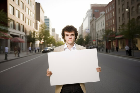 Group Portrait Photography Of A Tender Man In His 20s Holding An Empty White Blank Sign Poster Wearing A Classic Blazer Against A Crosswalk Or Busy Street Background