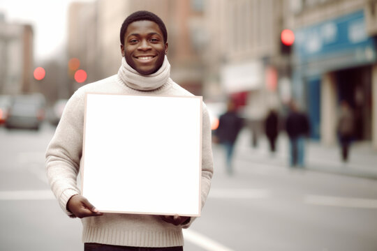 Young african american man holding a white board in the city
