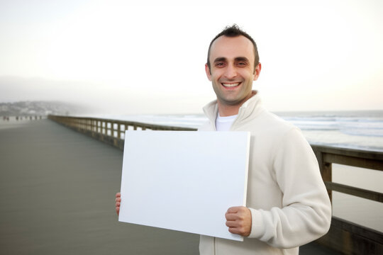 Handsome young man with white sheet of paper on the beach