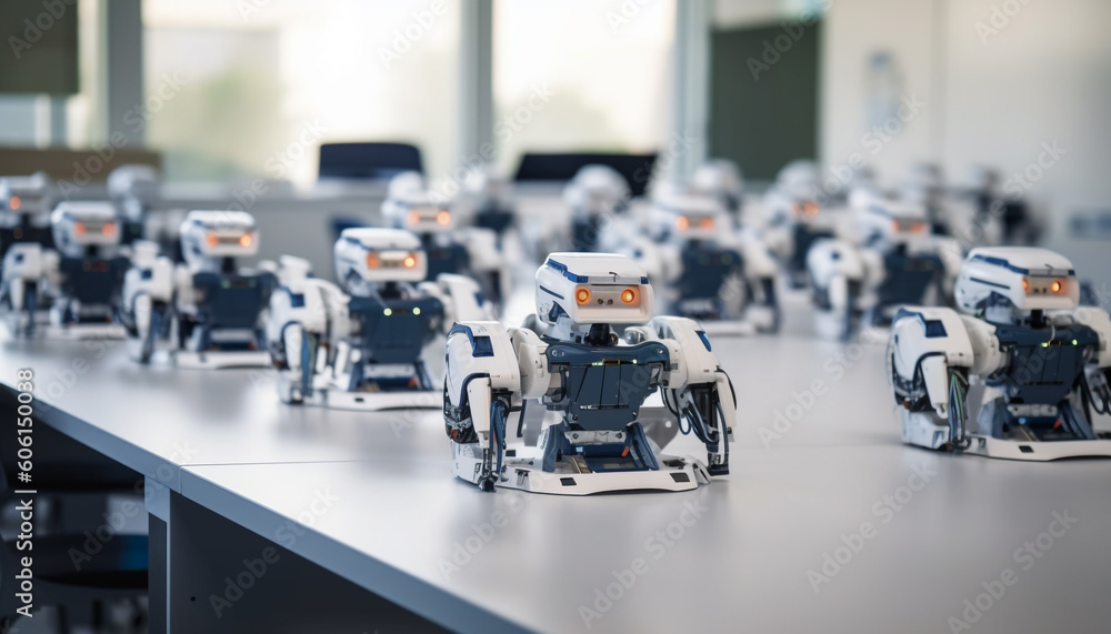 Poster robotic arm in futuristic factory controls production line generated by ai