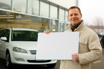 Portrait of a smiling man holding a blank sheet of paper in front of his car