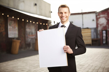 Portrait of a smiling businessman holding a blank sheet of paper outdoors