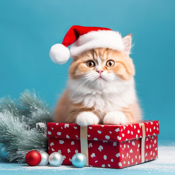 Christmas Cat in Santa Hat, Gift Box. Greeting card, poster, winter holiday shopping. Generative AI