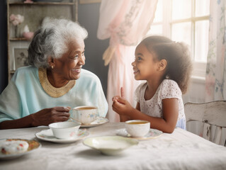 Obraz na płótnie Canvas Close-up portrait of a black grandmother and young granddaughter having tea. They are looking at each other, talking together, and smiling. Illustration created with Generative AI technology.