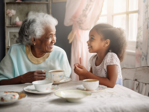 Close-up portrait of a black grandmother and young granddaughter having tea. They are looking at each other, talking together, and smiling.  Illustration created with Generative AI technology.