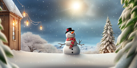 Happy Snowman Banner. Merry Christmas, Happy New Year greeting card, background. Copy space. Generative AI
