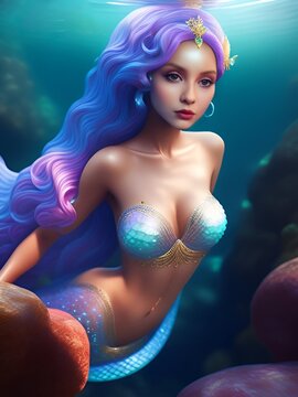 A Young Glamorous Mermaid in Elegant Fashion Clothes Perfect Make-Up and an Air of Elegance in Water Generative AI illustration