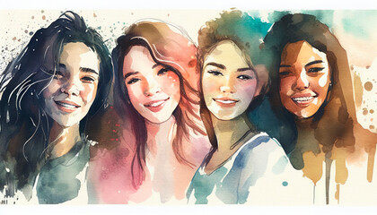 watercolor drawing of  many different beautiful girls is smiling.