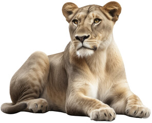Obraz na płótnie Canvas Lying african lioness isolated on a transparent or white background as PNG, generative AI animal