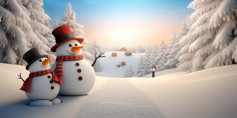 Obraz premium Happy Snowman Banner. Merry Christmas, Happy New Year greeting card, background. Copy space. Generative AI