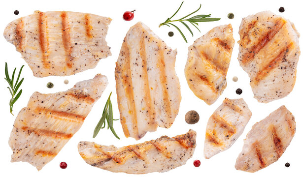 Grilled pieces of chicken breast set. Grilled meat, rosemary branch and pepper mix isolated on transparent background png. grilling season