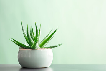 Aloe plant in a pot against green wall with copy space. Generative AI.