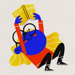 STEM children illustration of a Girl Reading a Book titled Why. Cartoon, bold colors, bright, playful, stem education