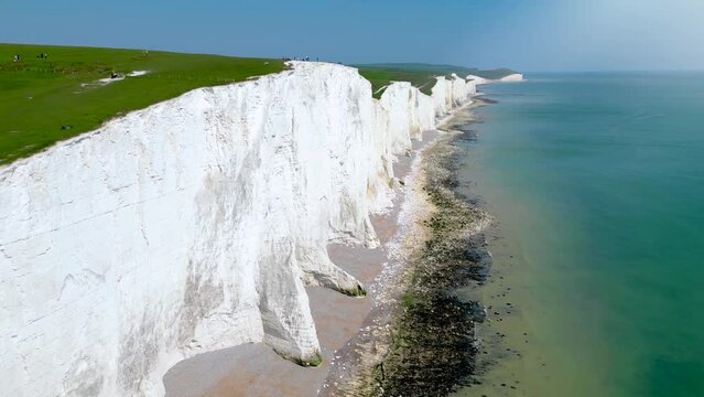 Beautiful aerial view over the famous, white cliffs of The Seven Sisters near Dover, south coast of England. East Sussex