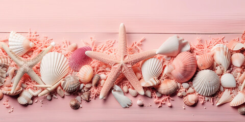 Beach Getaway Vibes: Pink Wooden Banner with Summer Holiday Essentials. Seashells, Starfish, Beach Sands, and Coral. Super Wide Top-View Shot, Perfect for Copy Space. AI Generated.
