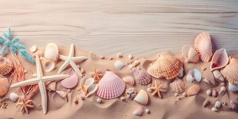 Beach Getaway Vibes: Pink Wooden Banner with Summer Holiday Essentials. Seashells, Starfish, Beach Sands, and Coral. Super Wide Top-View Shot, Perfect for Copy Space. AI Generated.