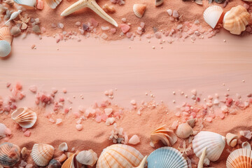 Summer Holiday Bliss: Beach Accessories on Pink Wooden Banner. Seashells, Starfish, Beach Sands, and Coral. Wide Top-View Shot with Ample Copy Space. AI Generated.
