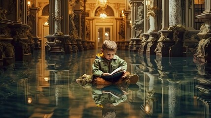 Fototapeta na wymiar The Joy of Reading: A Little Child Immersed in a Book, generative ai