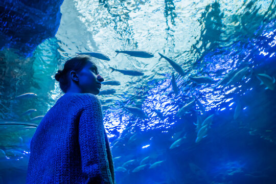 Portrait of woman looking at fish vortex in large public aquarium tank at Oceanarium - low angle view. Tourism, education, underwater life and entertainment concept