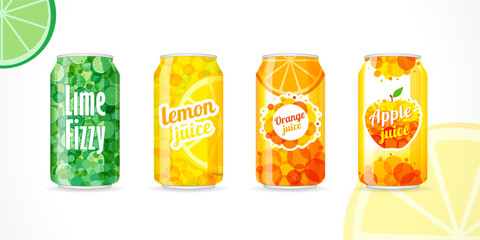Soda can with lime, orange, lemon and apple label. Lemon, lime, orange lemonade product, soft drink cans set isolated on white background. Vector object