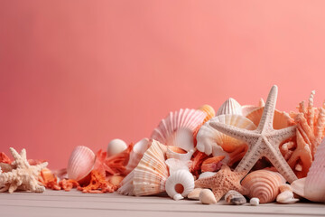 Obraz na płótnie Canvas summer holiday banner, beach accessories at pink wooden. seashell, starfish, beach sands and coral. AI Generated.