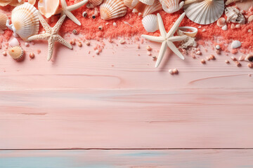 summer holiday banner, beach accessories at pink wooden. seashell, starfish, beach sands and coral. super wide, long shoot, top view with copy space. AI Generated.
