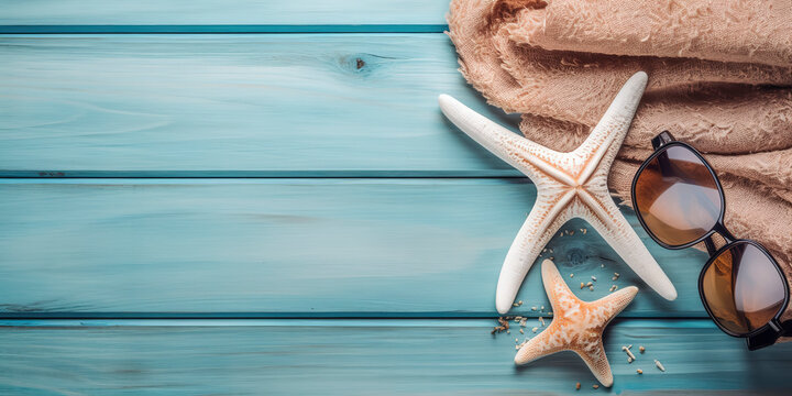summer holiday banner, beach accessories at skyblue wooden, summer holiday banner. top view with copy space. AI Generated.