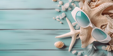 Fototapeta na wymiar summer holiday banner, beach accessories at skyblue wooden - summer holiday banner. seashell, brown starfish, white towel and sunglass with empty space in the middle. AI Generated.