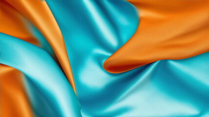 Silk satin. Gradient. Wavy folds. Shiny fabric surface. Beautiful orange teal background with space for design, generative ai - obrazy, fototapety, plakaty