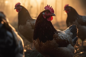 Happy chickens and hens roaming free on farm meadow. Farm animal welfare and care. Generative Ai