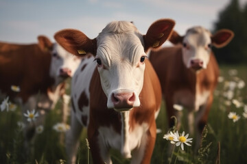 Happy baby cow culf roaming free on farm meadow. Farm animal welfare and care. Generative Ai