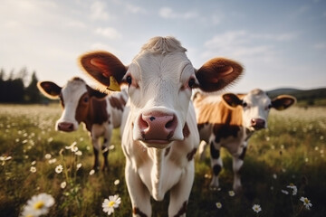 Happy baby cow culf roaming free on farm meadow. Farm animal welfare and care. Generative Ai