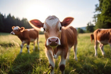 Obraz na płótnie Canvas Happy baby cow culf roaming free on farm meadow. Farm animal welfare and care. Generative Ai