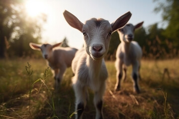 Happy baby goats roaming free on farm meadow. Farm animal welfare and care. Generative Ai