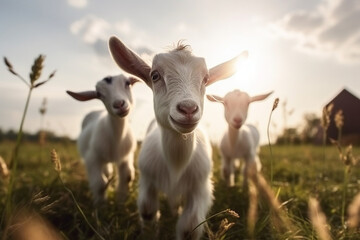 Fototapeta premium Happy baby goats roaming free on farm meadow. Farm animal welfare and care. Generative Ai