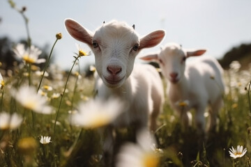 Fototapeta premium Happy baby goats roaming free on farm meadow. Farm animal welfare and care. Generative Ai