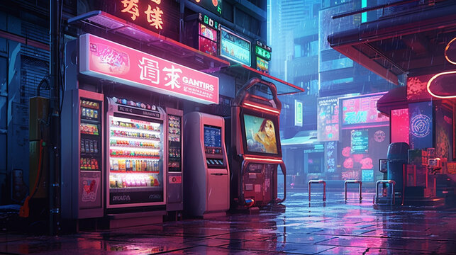 Cyberpunk visual novel background. Generative AI