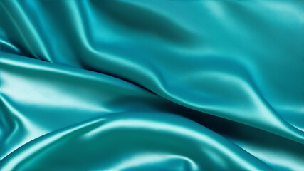 Silk satin. Gradient. Wavy folds. Shiny fabric surface. Beautiful teal background with space for design, generative ai - obrazy, fototapety, plakaty