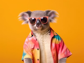 Cute gray fluffy koala in sunglasses and colorful shirt against bright gradient background.