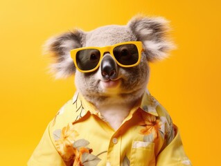 Cute gray fluffy koala in sunglasses and colorful shirt against bright gradient background.