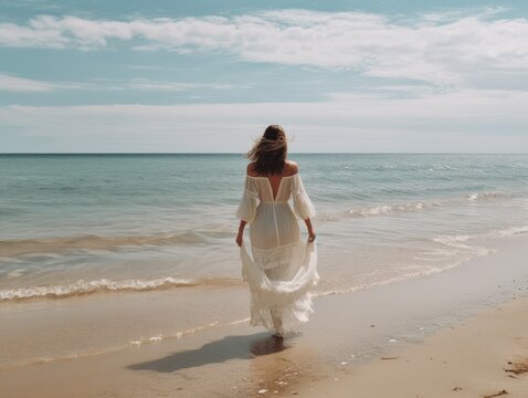Girl stands with her back in a white long light dress on the beach.