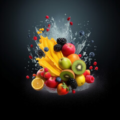 Mixed fruit splashing zig zag, Fruit in air, Colorful illustration, Generative AI