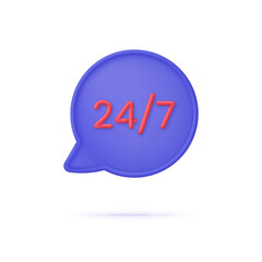 3D 24,7 on Speech Bubble. 24,7 service concept. 24 hours phone support illustration. Hotline customer service concept.