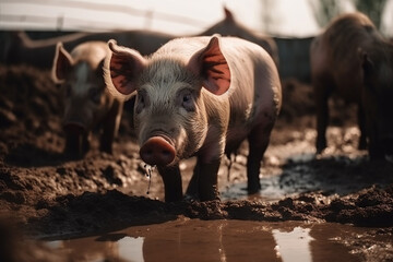 Happy pigs roaming free on farm meadow and mud. Farm animal welfare and care. Generative Ai