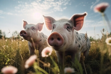 Happy pigs roaming free on farm meadow. Farm animal welfare and care. Generative Ai